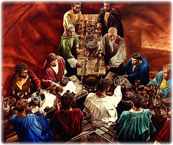 Last Supper, original oil painting on canvas by L. Lovett, size 50 x 60 inches, July 19671967. Beginning at bottom left of Jesus and going clockwise around the tables, the apostles are: John, James his brother, Philip, Bartholomew (Nathanael), Matthew, Thaddaeus, Simon the Zealot, Thomas, Judas, James son of Alphaeus, Andrew and Peter his brother.