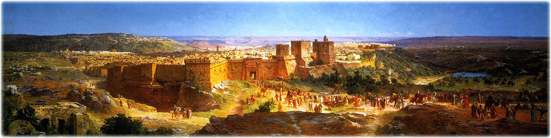 Jerusalem, original oil painting on canvas by Olivier Pichat, d. 1912. View of city’s northwest corner showing Herod the Great’s palace and towers (right center). Jesus’ crucifixion took place outside the city’s walls on Golgotha (bottom center and right). Joseph of Arimathea’s garden tomb is at bottom left. Temple area is a row of white buildings at left center, and above it is the Mount of Olives.
