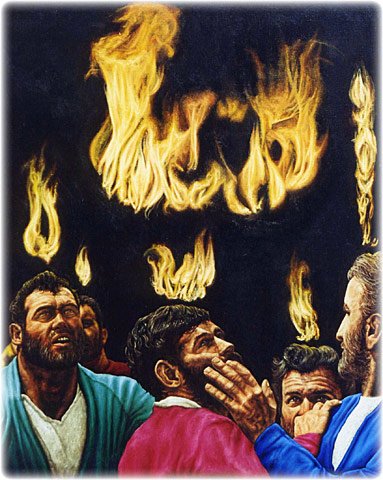 Day of Pentecost, (left to right) Apostles Peter, Andrew, John, Philip, and James receive the Holy Spirit as tongues of flame split off and rest on their heads. Original oil painting on canvas by L. Lovett, size 28 x 22 inches, November 1970