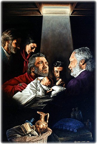 Adoration of the Christ Child, original oil painting on canvas by L. Lovett, size 36 x 24 inches, July 1995