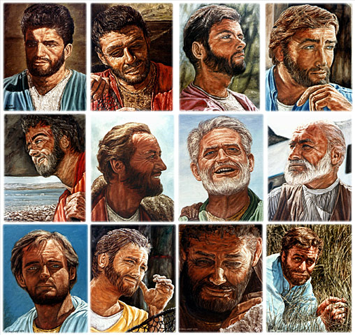 Twelve Apostles of Jesus, twelve original oil paintings on canvas by L. Lovett,
size 18 x 14 inches, first eleven completed January to December 1965